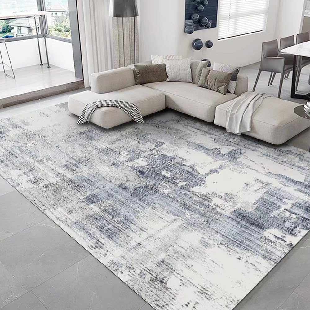 Tapis Gris Clair Abstrait 140x200 Anti-Froid pour Salon et Pied de Canapé
