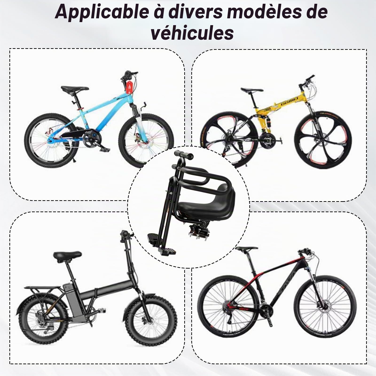 Siège de vélo avant pour enfant - Pour VTT et vélo de ville - Repose-pieds pliables - Barre de sécurité et siège rembourré - Pour 2 à 6 ans (jusqu'à 30 kg)