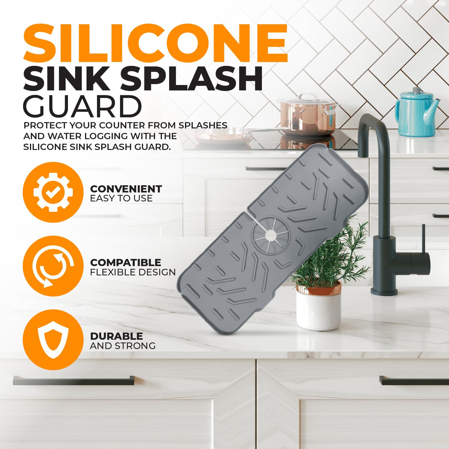 Generic Silicone Draining Mat for Kitchen Sink Splash Guard Behind Faucet, Faucet Mat for Kitchen Sink accessories, Longer Faucet Drain Pad, Sink Protectors for Kitchen Sink Faucet Mat, Grey