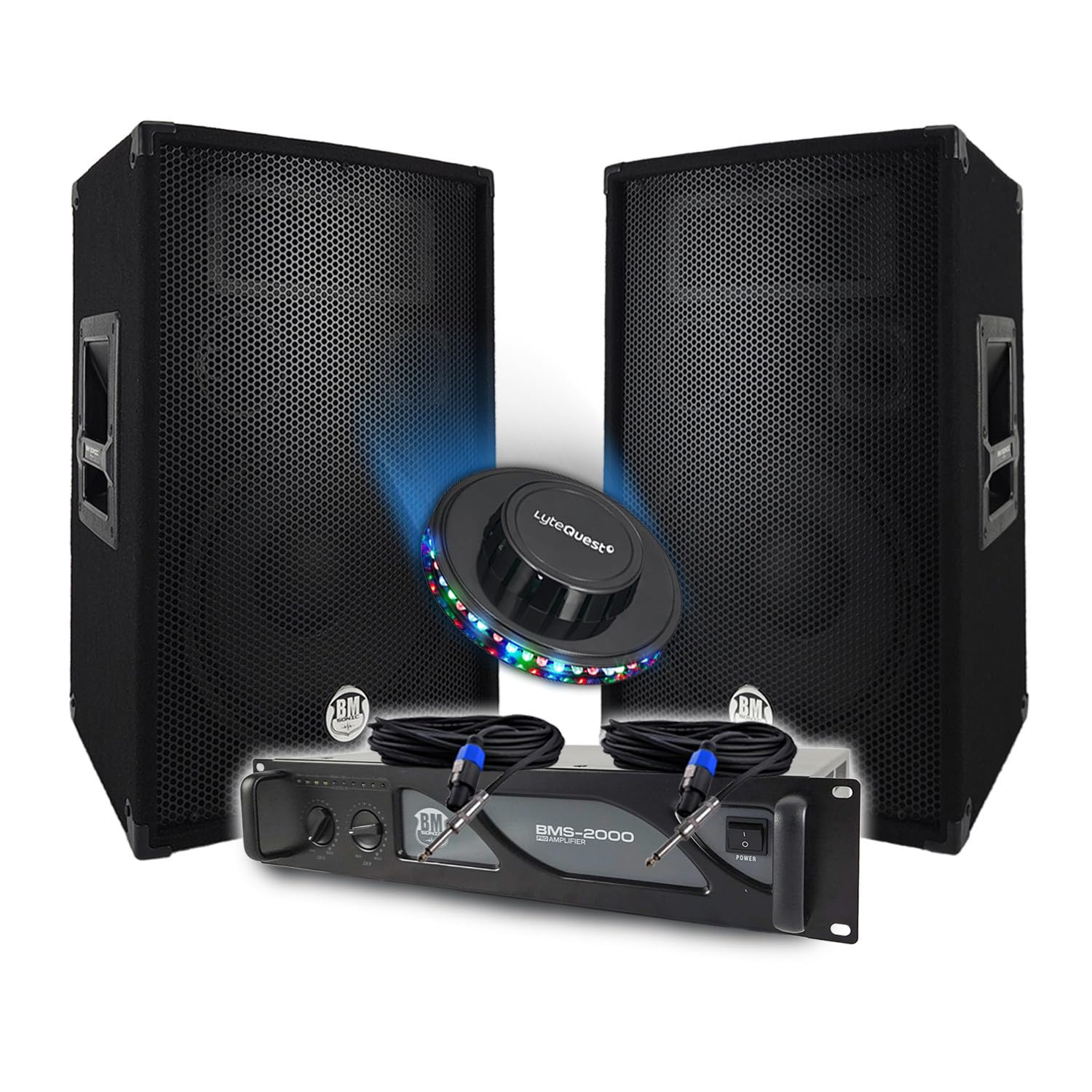 Pack Sono DJ BM Bmsonic Ampli 2000W Paire d'Enceintes 2x600W, Câbles, Sonorisation Pro, OVNI LED, Fête Soirée, Bar Salle des fêtes