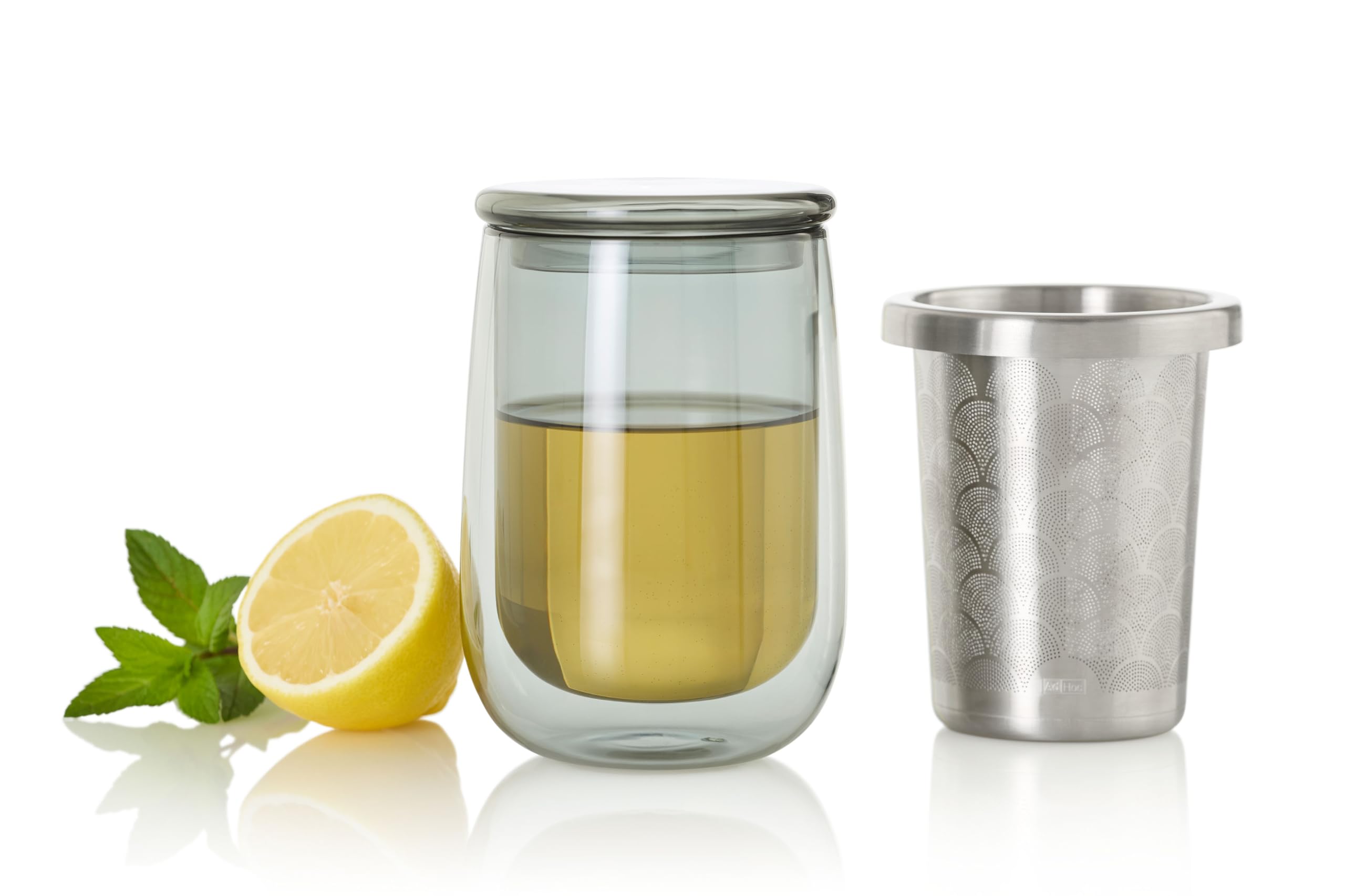 Adhoc Transparent Tea Glass With Infuser/Filter, Loose Leaf Tea Strainer With Cup/Mug, 400Ml, Double Walled Heat Resistant Borosilicate Glass, Lid Included, Dishwasher Safe