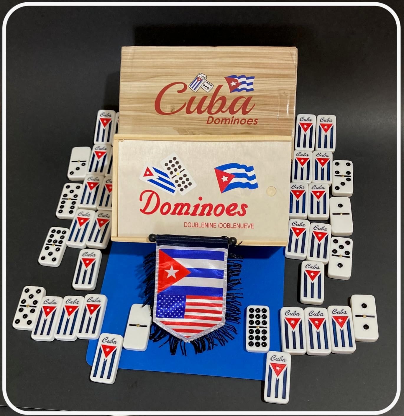 PRK 14 Authentic Cuban Double Nine Dominoes Set with Wooden Case Comes with Cuba Flag Autentico juego de Domino Cubano Doble nueve con estuche de Madera. con la Bandera de Cuba.