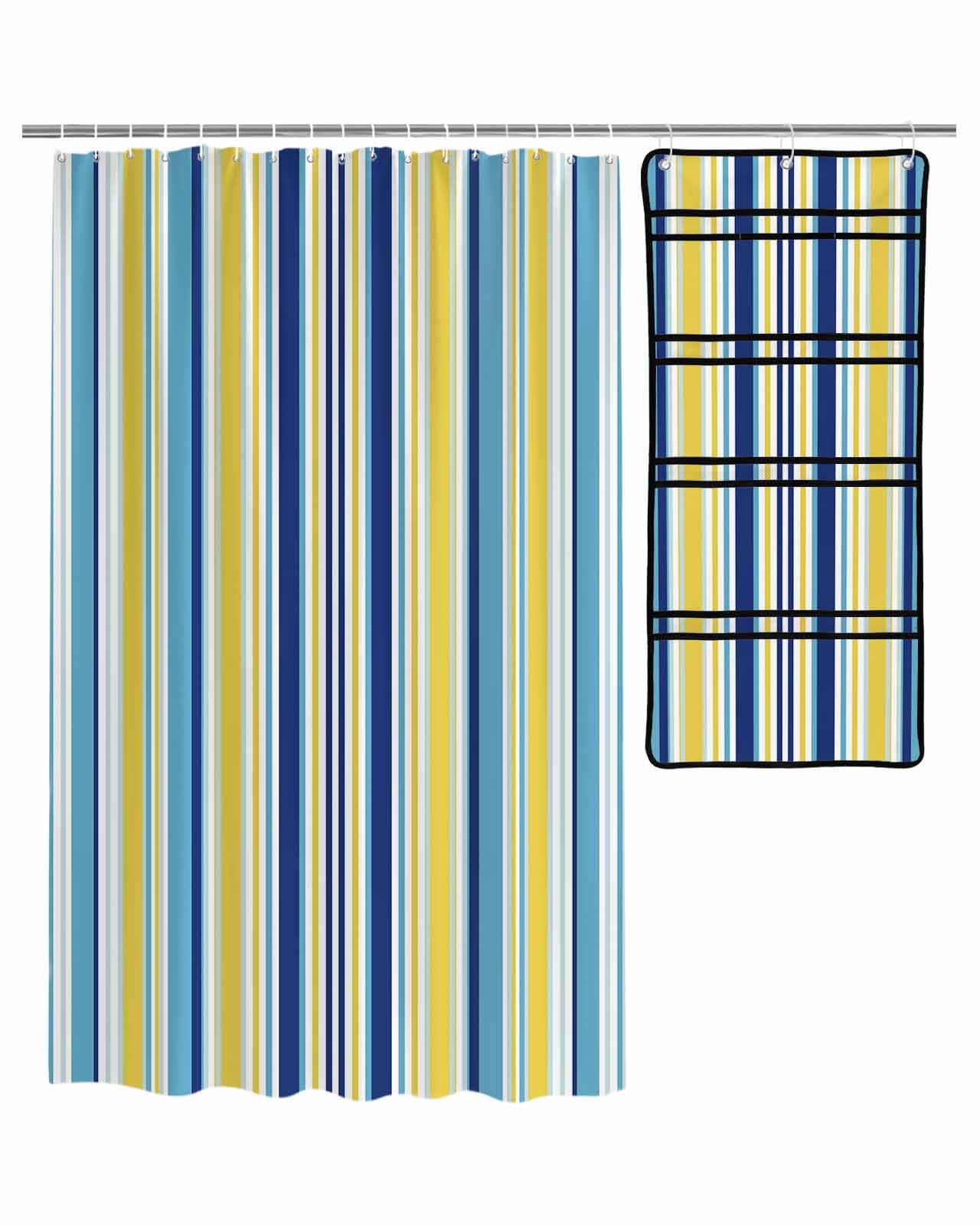 Shower Curtain Mesh Shower Organizer Hanging Set Teal Blue Yellow Stripes Texture Waterproof Shower Curtains with 10 Pockets