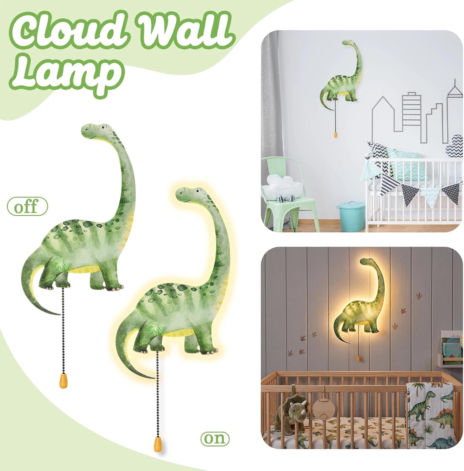 Aurelema Dinosaur Night Light Wall Lamp Sleeping Nursery Lighting Cute Floating Battery Operated Hanging Lamp for Baby Boys Girls Bedroom Room Nursery Wall Decorations