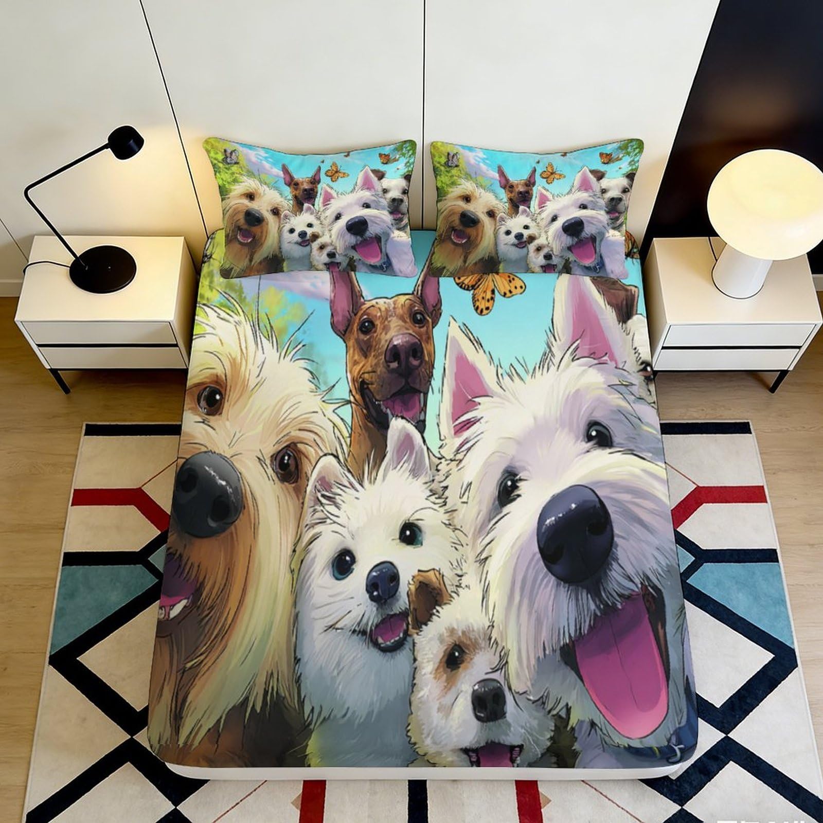 3D Printed Cute Dogs Fitted Sheet Microfiber Soft Breathable Cartoon Puppy Bed Cover for Bedroom Dormitory Guest Room Mattress Protection Decor 90x200x25cm