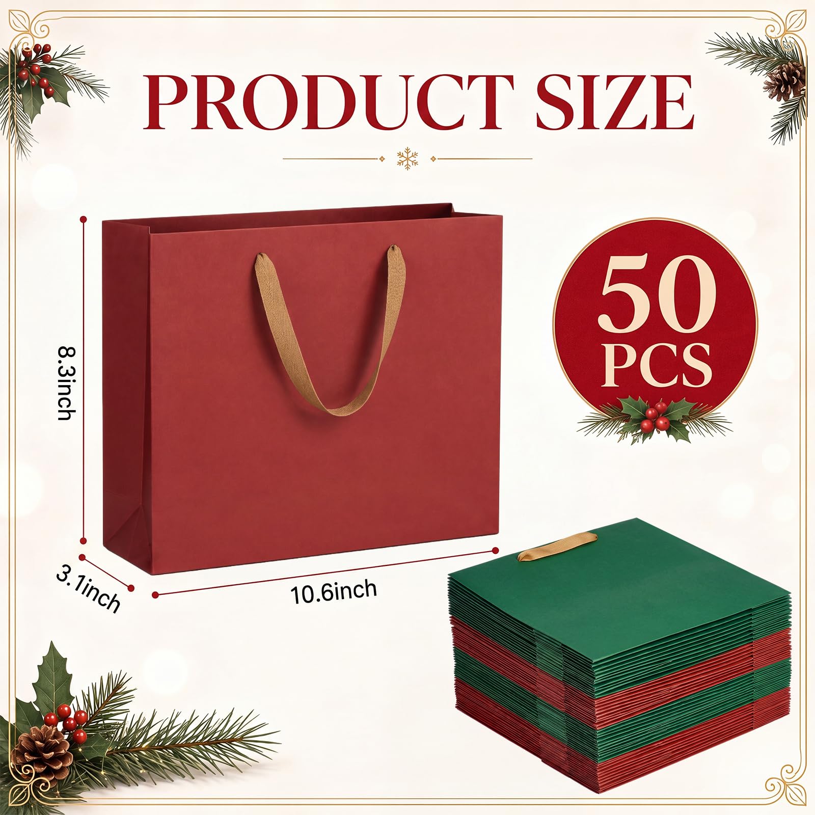 Tenceur Lot de 50 sacs cadeaux de Noël en papier kraft très résistants avec poignées - Sacs cadeaux de Noël réutilisables robustes pour Noël, fêtes, mariages (26 x 21 x 7,9 cm)