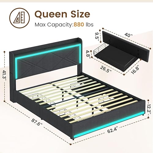 Miniatura 2 de Base de cama Queen con cabecero de luces LED RGB y estación de carga USB-CA, moderna plataforma tapizada con cajones de almacenamiento, listones de
