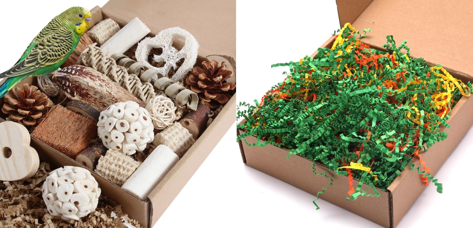 Kyouki Small Parrot Adventure Bundle: Natural Foraging Box & Crinkle Paper Chewable Toy Set - Interactive Shredding and Foraging Enrichment for Parakeets, Cockatiels, Lovebirds, Conures, Budgies, Finc