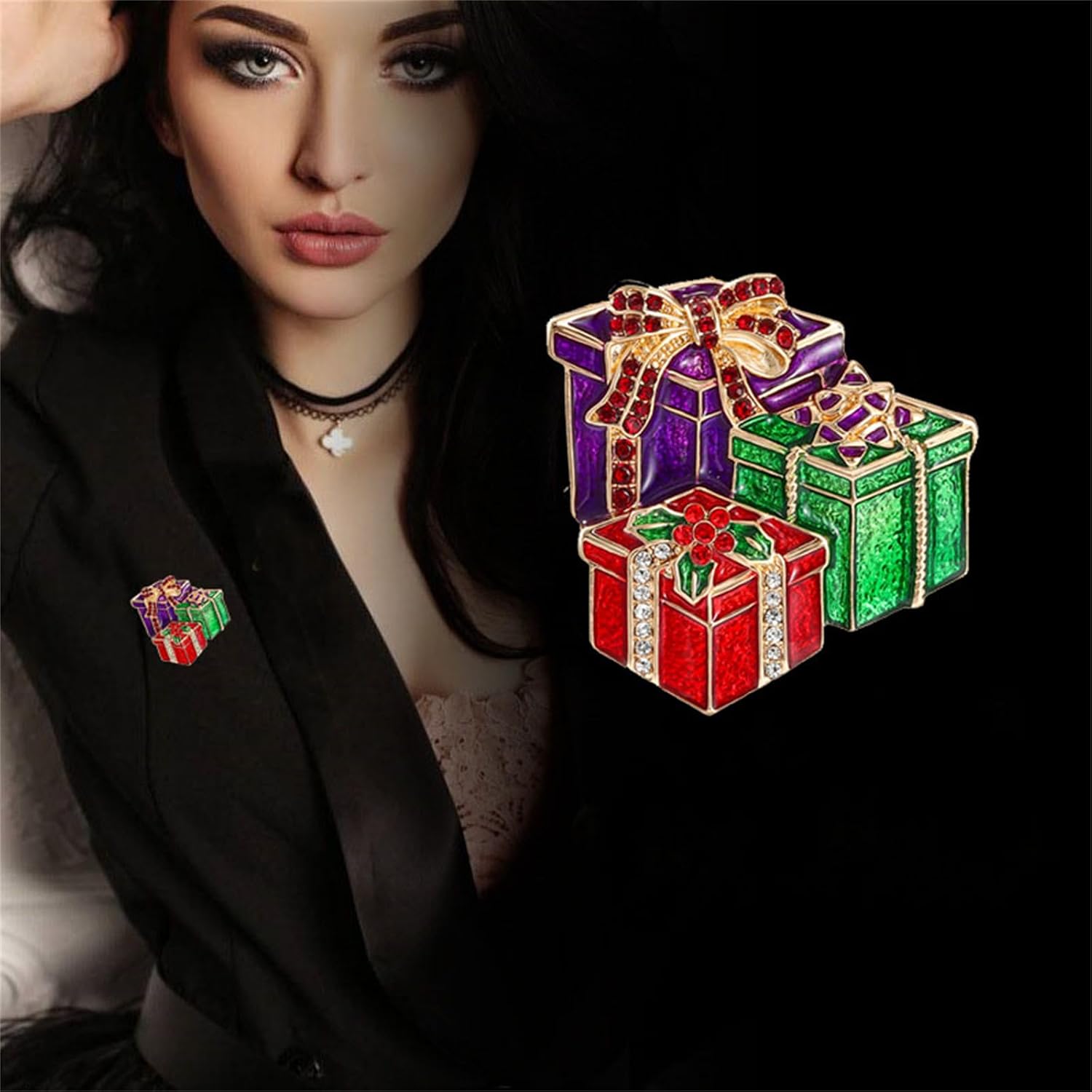 WCRAZYE Rhinestone Christmas Candy Brooch for Men Women Cute Red Green Crystal Candy Gifts Box Brooches Pin Elegant Clothing Hat Bag Accessories Christmas Xmas Jewelry image 2