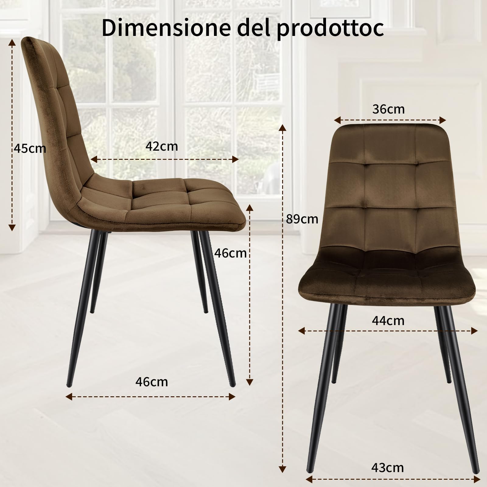 JIJIAN Set di 6 Sedie da Sala da Pranzo, Sedie da Cucina con Tessuto di Velluto e Gambe in Metallo Nero, Sedia Imbottita con Capacità di Carico di 120 kg, Marrone