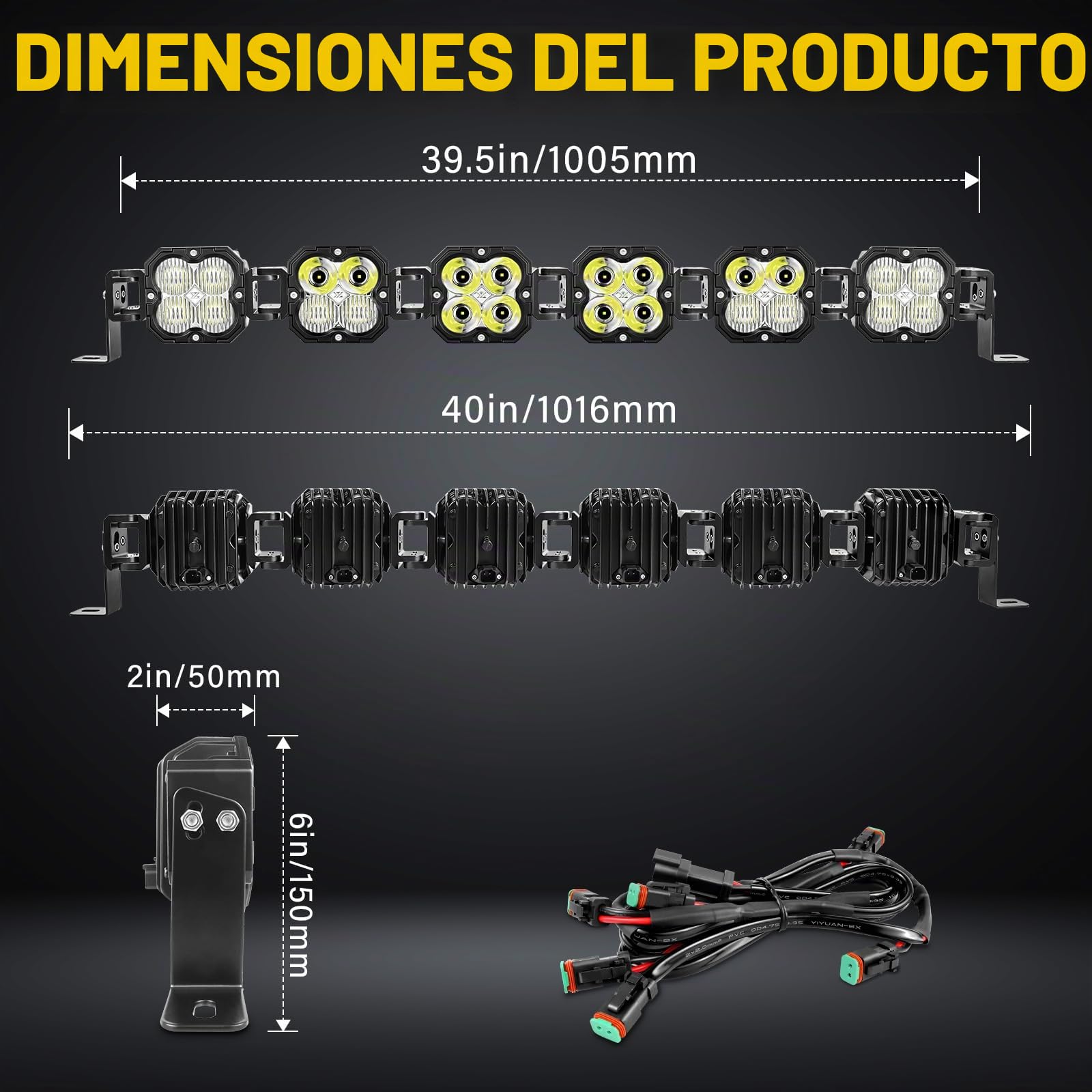 RIGIDON Barra luz led y 12V DT cableado Kit, 40 Pulgadas 102cm 180W 15000lm | 6000K blanco, barra luminosas led, largo alcance, faros antiniebla, para off road todoterreno camión coche ATV SUV UTE 4x4