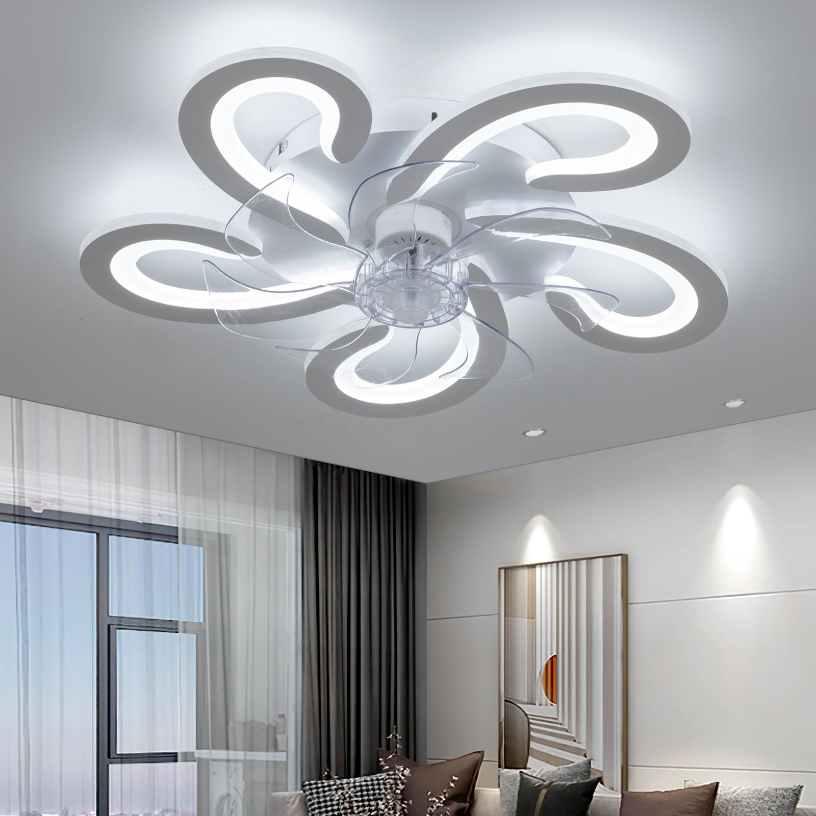 OMGPFR Reversibile Ventilatore Da Soffitto Con Luce E Telecomando Silenzioso 6 Velocita Camera LED Lampada Ventilatore Soffitto Soggiorno Moderno 24W Dimmerabile Plafoniera Con Timer, Bianco 50CM - Foto 2