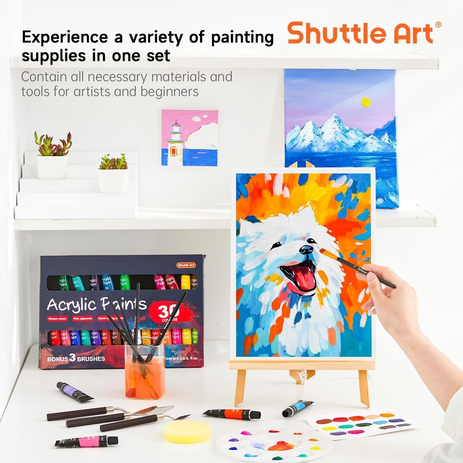 Shuttle Art 54 Pièces Kit Peinture Acrylique avec 30 Tubes Peinture Acrylique (12ml), Chevalet Peinture, Pinceaux, Toile, Kit Peinture Adultes sur Verre, Bois, Tissu