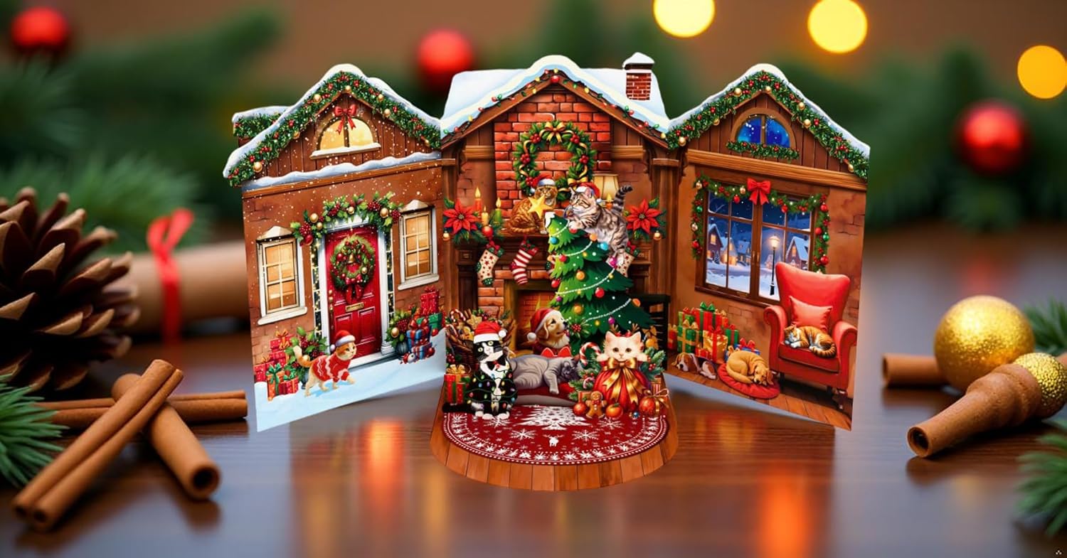 Cat Christmas Cards, Fireplace Pop Up Christmas Card, Xmas 3D Greeting Holiday Card for Cat Lovers, Happy Funny Fireplace Holiday Cards for Kids Mom Mother Women Wife Friends - Image 5