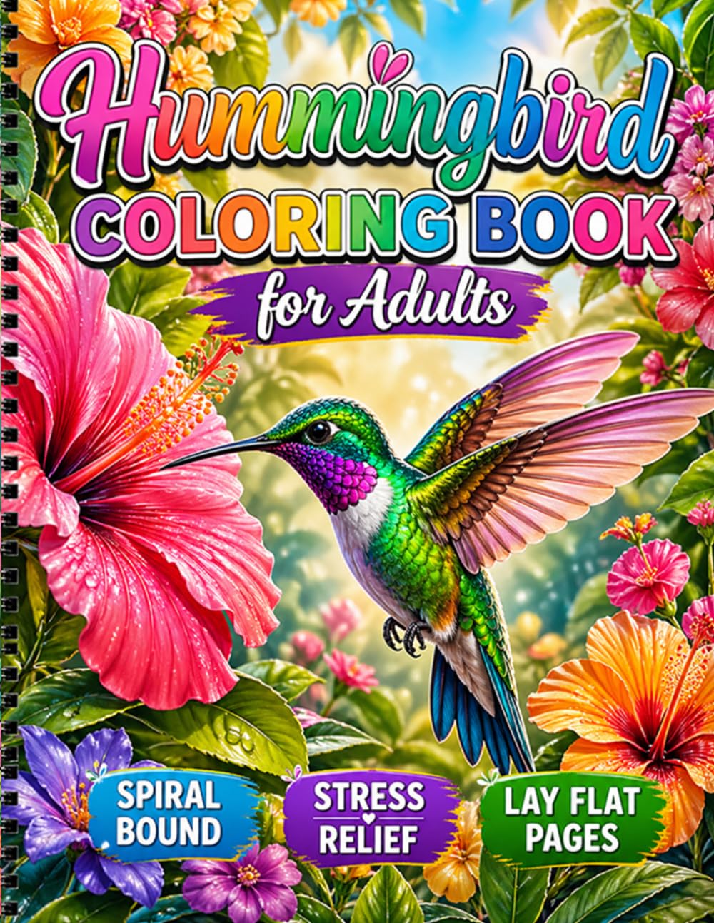 Hummingbird Coloring Book for Adults Spiral Bound, Stress Relief, Lay Flat Pages: Relaxing Mindfulness Coloring Book with Beautiful Hummingbirds and Floral Designs for Calm and Creativity