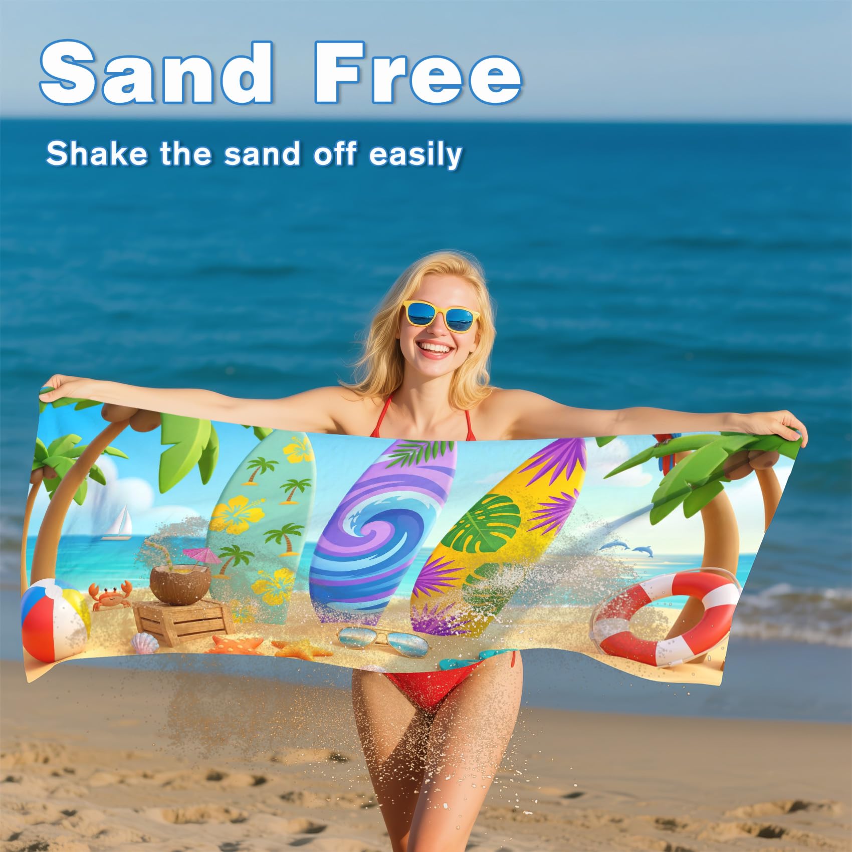 Serviette de Plage XXL Microfibre Planche de Surf Thème Plage Tropicale, Drap de Plage Séchage Rapide Anti Sable & Légère, Serviette de Bain Grande Taille 200x200 cm
