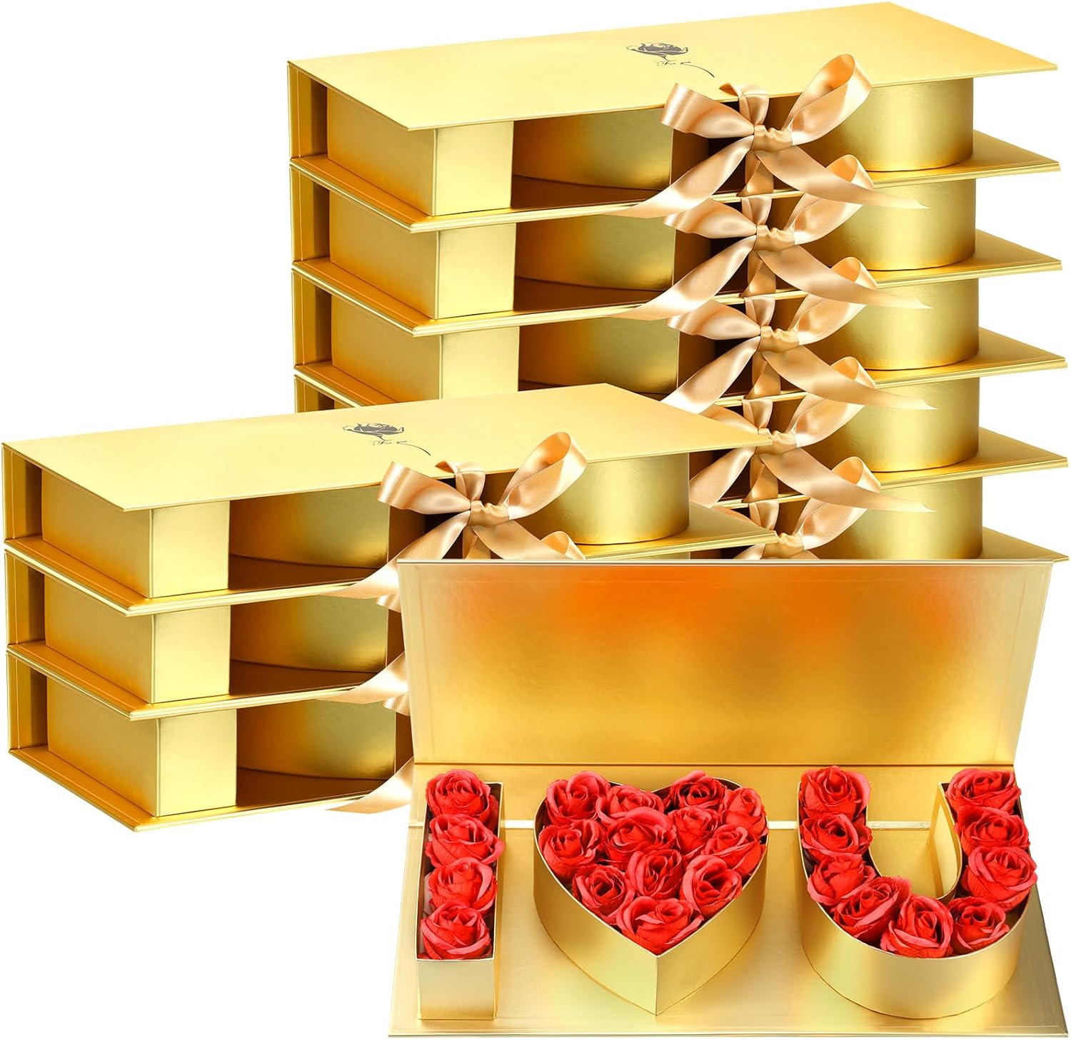Ireer 8 Pcs Valentines Day Empty I Love You Flower Box Bulk Large I Heart U Letter Gift Box with Ribbon for Holiday Mother Wedding Bridal Rose Chocolate Packaging(Gold)