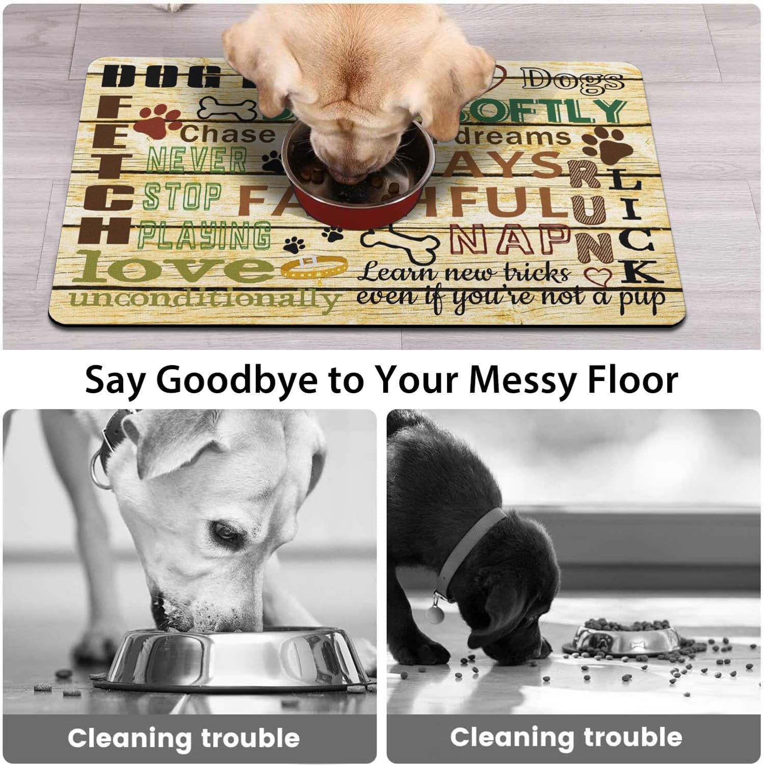 Dog Food Mat for Floors, Absorbent and Quick-Drying Pet Cat Food Mat,Anti-Fouling and Easy-to-Clean Pet Feeding Mat,Dog Bowl Mats for Messy Drinking Water Bowls.17x32inch Dog Rules
