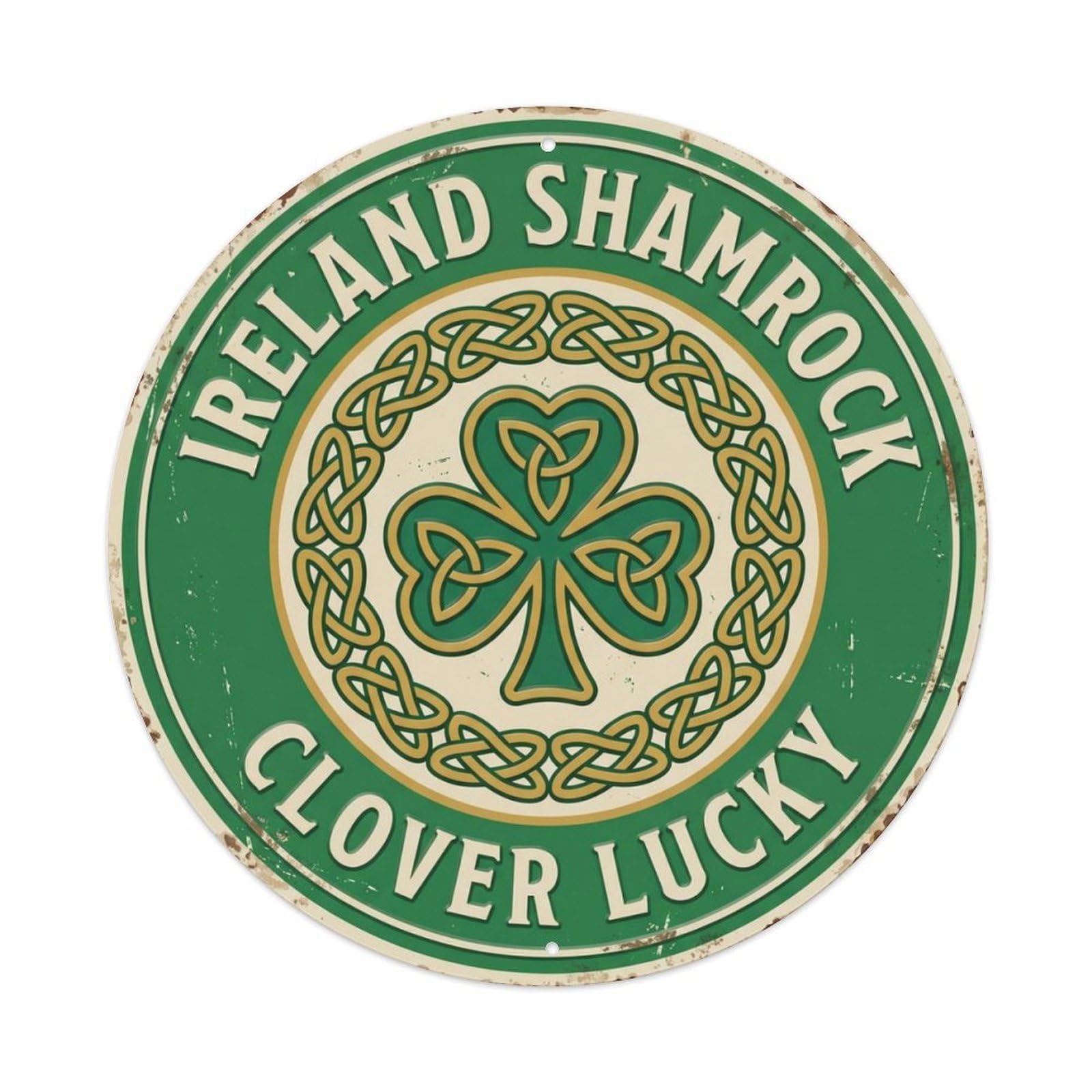 Shamrock Clover Lucky Ireland Symbol Metal Tin Sign Plaque Wall Decor for Cafe, Club Bar, Office, Home Garden Round Metal Poster 8x8Inch