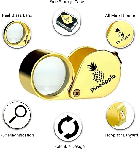 Miniatura 2 de Pineapple 30X Jewelers - Lupa plegable de bolsillo para joyeros, gemas, diamantes, plantas, monedas (dorado)