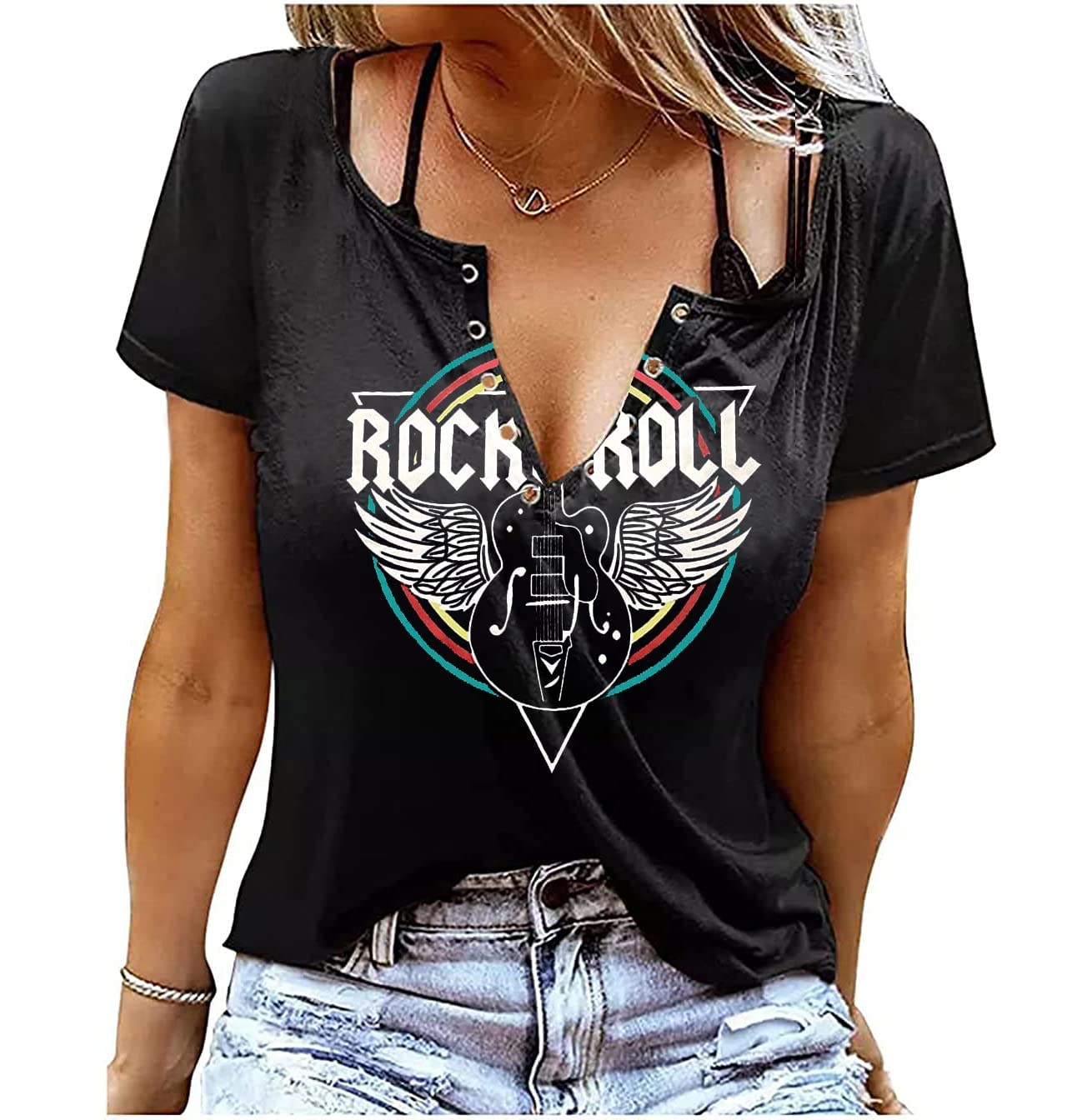 Rock and Roll Tank Tops Guitar Wings Concert Vintage Country Music Retro Graphic V-Neck Sexy Summer Sleeveless for Women