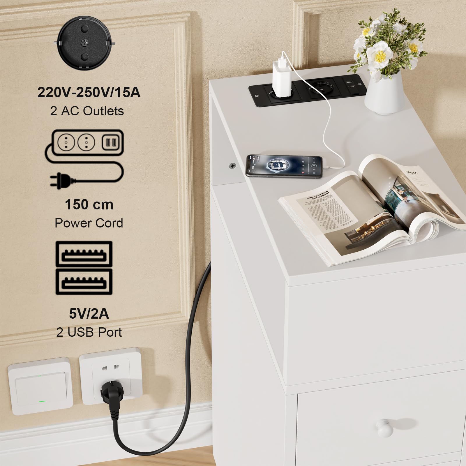 Comodino Stretto con Prese e Porte USB Bianco Comodino con Scomparti a Giorno e Cassetto Tavolino da Notte Mobile Salvaspazio per Camera da Letto Soggiorno 45x25x70cm Comodini Strett, 1 pezzo