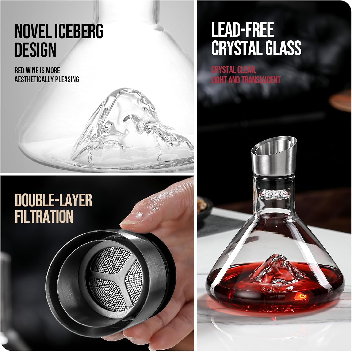 Iceberg Wine Decanter,Red Wine Carafe with Built-in-Aerator,Wine Aerator,Wine Gifts for Christmas,Stainless Steel Pourer Lid,Filter,100% Hand Blown Lead-free Crystal Glass