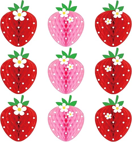 WILLBOND 9 piezas de decoración de fiesta de fresa, bolas de panal de fresa, recuerdos de cumpleaños, centros de mesa de bayas, papel de seda,