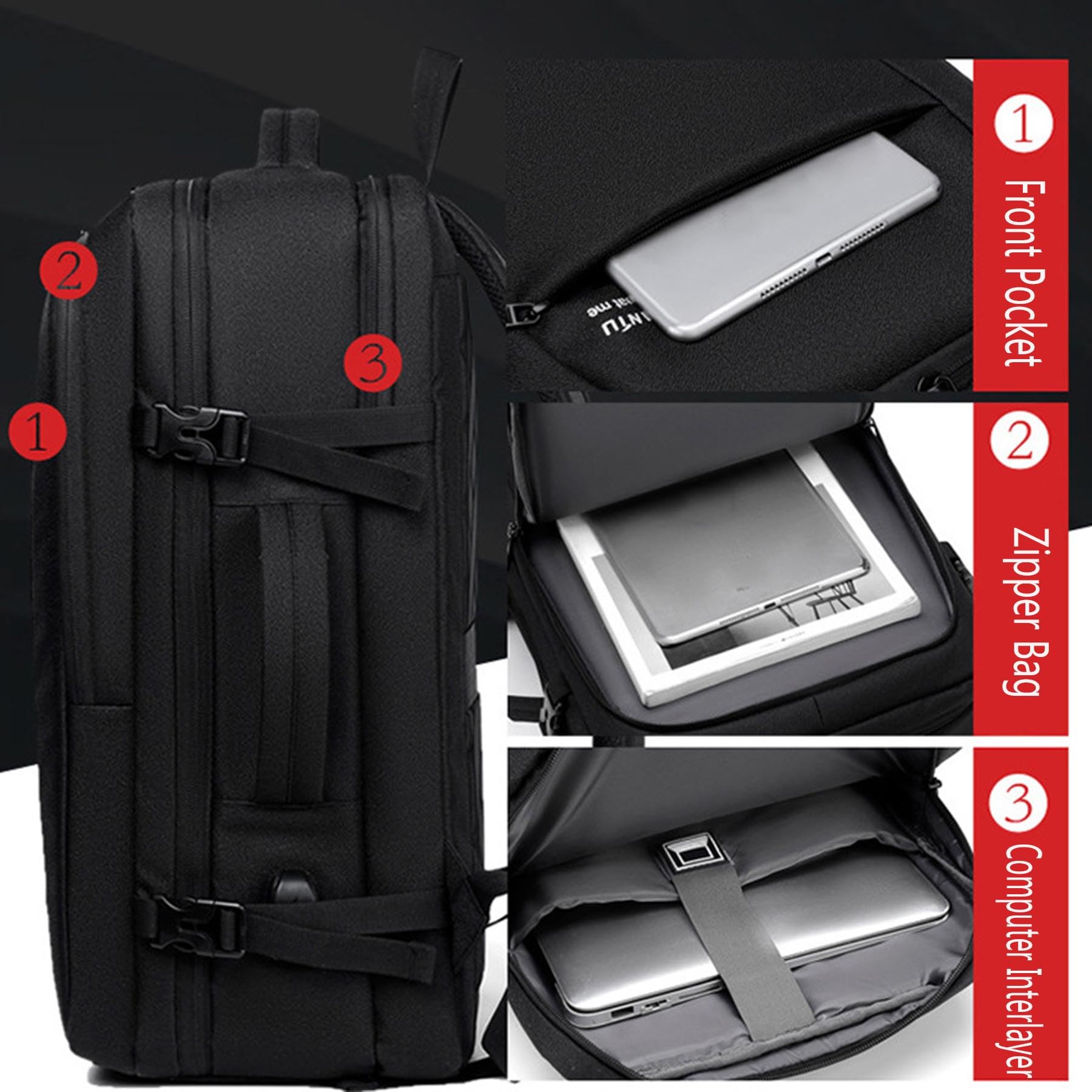 Zaino da viaggio multi-tasca per laptop, ampio zaino per viaggi d'affari con fascia per trolley, zaino leggero e impermeabile per pendolari con porta di ricarica USB,Grigio