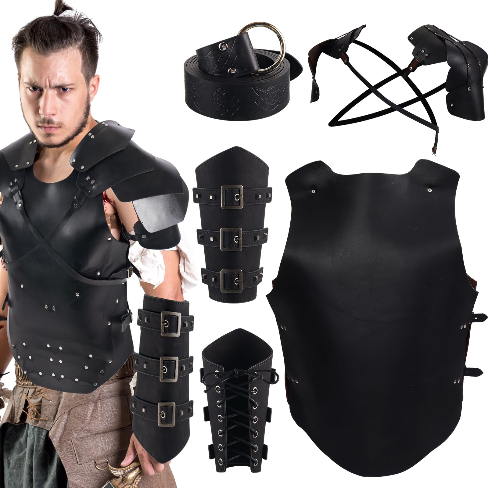 Photo 1 of Retisee Medieval Renaissance Leather Costume Viking PU Vest Armor Cosplay Knight Harness Shoulder Arm Guards Belt Black