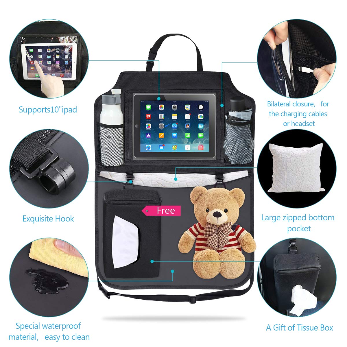 Ergocar 2 Packs Car Organisers, Waterproof Back Seat Protector Cover?Kick Mat Car Back Seat Organiser with 10