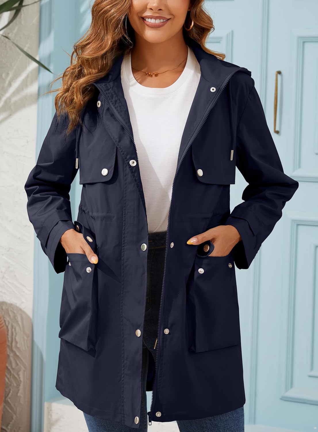 PESION Women's Waterproof Long Rain Jacket Lightweight Raincoat Lined Windbreaker Trench Coat for Outdoor Travel Hiking - Image 5