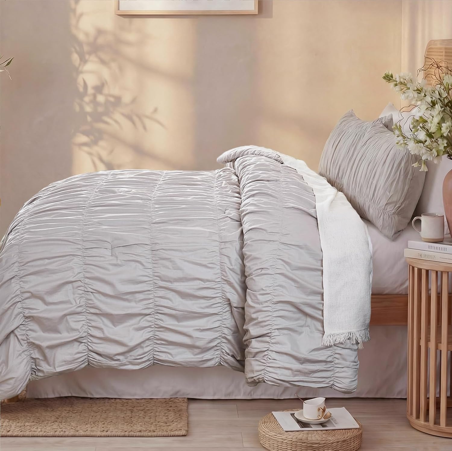 Bedbay Cotton Ruched Comforter for Queen Size Bed,Breathable Cotton Boho Queen Comforter Set,Shabby Chic Ruffle Bedding Vintage Farmhouse Quilt Set,Soft Durable 3 Pcs Fluffy Bedroom Comforter - Image 7