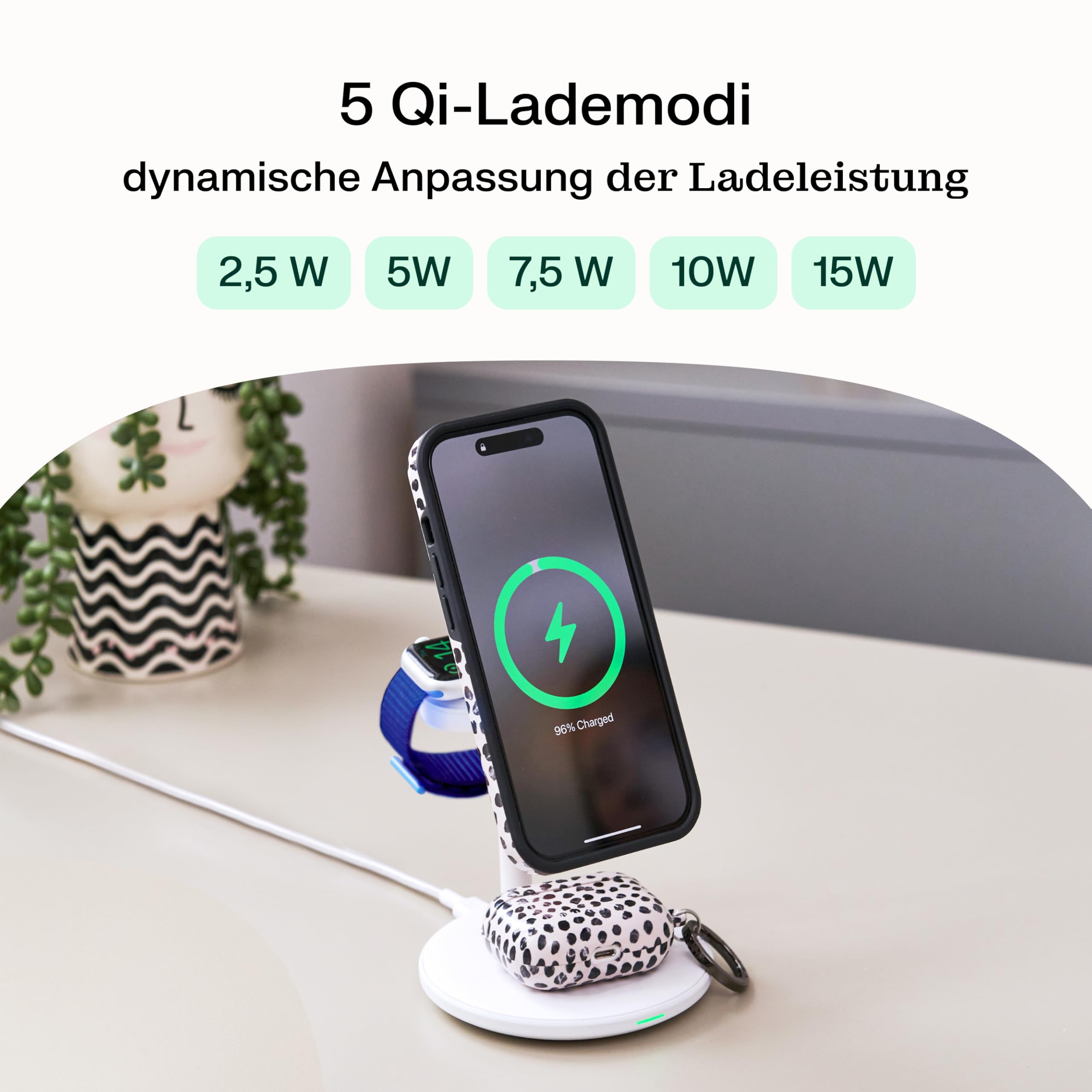 Greencell MagScape MagSafe 3 w 1 MagSafe ładowarka do iPhone 16/15/14/13, Apple Watch, AirPods – indukcyjna stacja ładująca kompatybilna z etui, szybkie ładowanie do 15 W (biała)