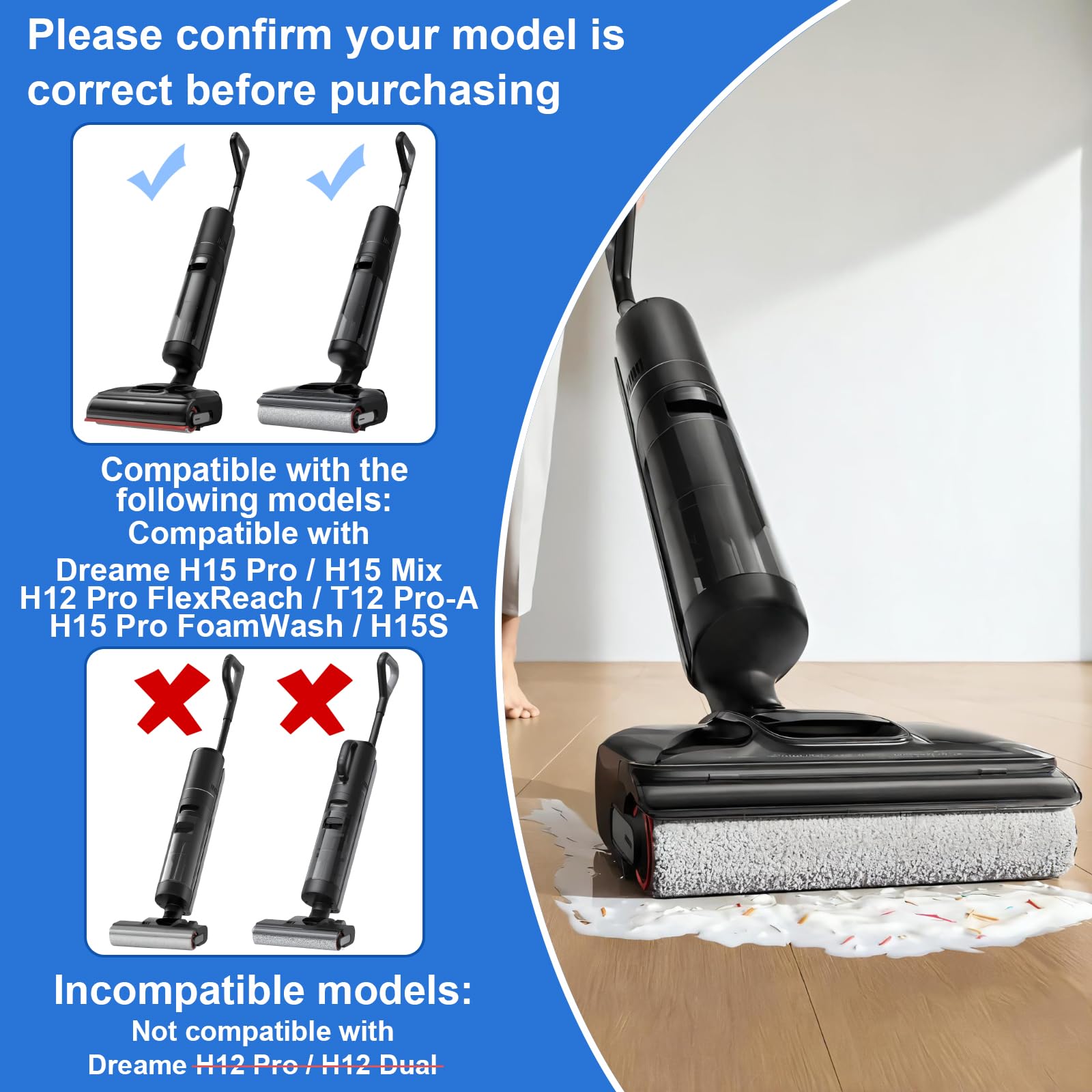 Spazzole a Rullo e Filtro HEPA Ricambi per DREAME H15 Pro/H15 Mix/H15 Pro FoamWash/H15S/H12 Pro FlexReach Aspirapolvere Lavapavimenti (2 Spazzole a Rullo + 2 Filtri HEPA + 1 Spazzola di Pulizia)