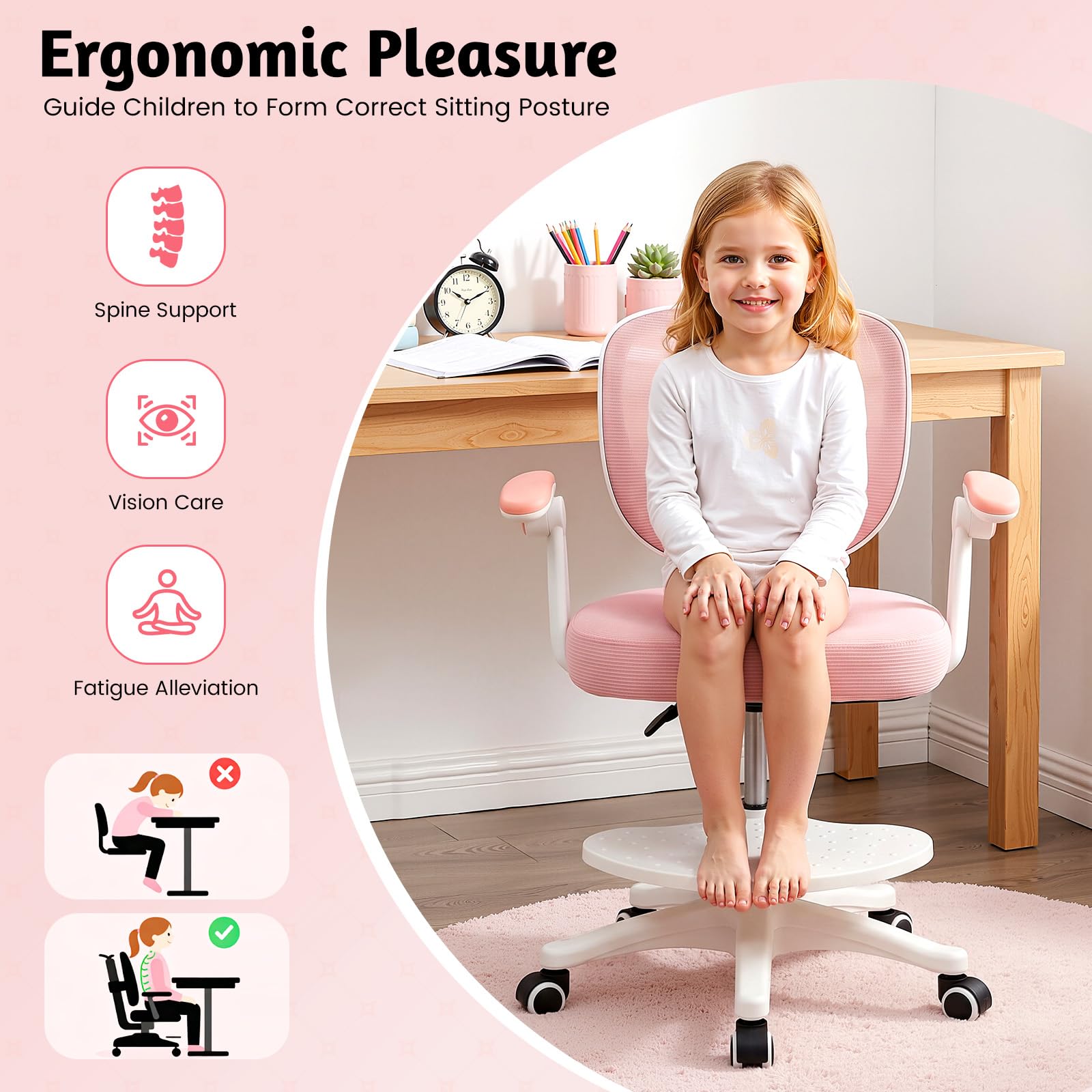 Silla de escritorio infantil giratoria de 360°, altura del asiento de 36 a 46 cm, altura regulable, silla ergonómica de oficina con ruedas, silla juvenil con respaldo y reposabrazos