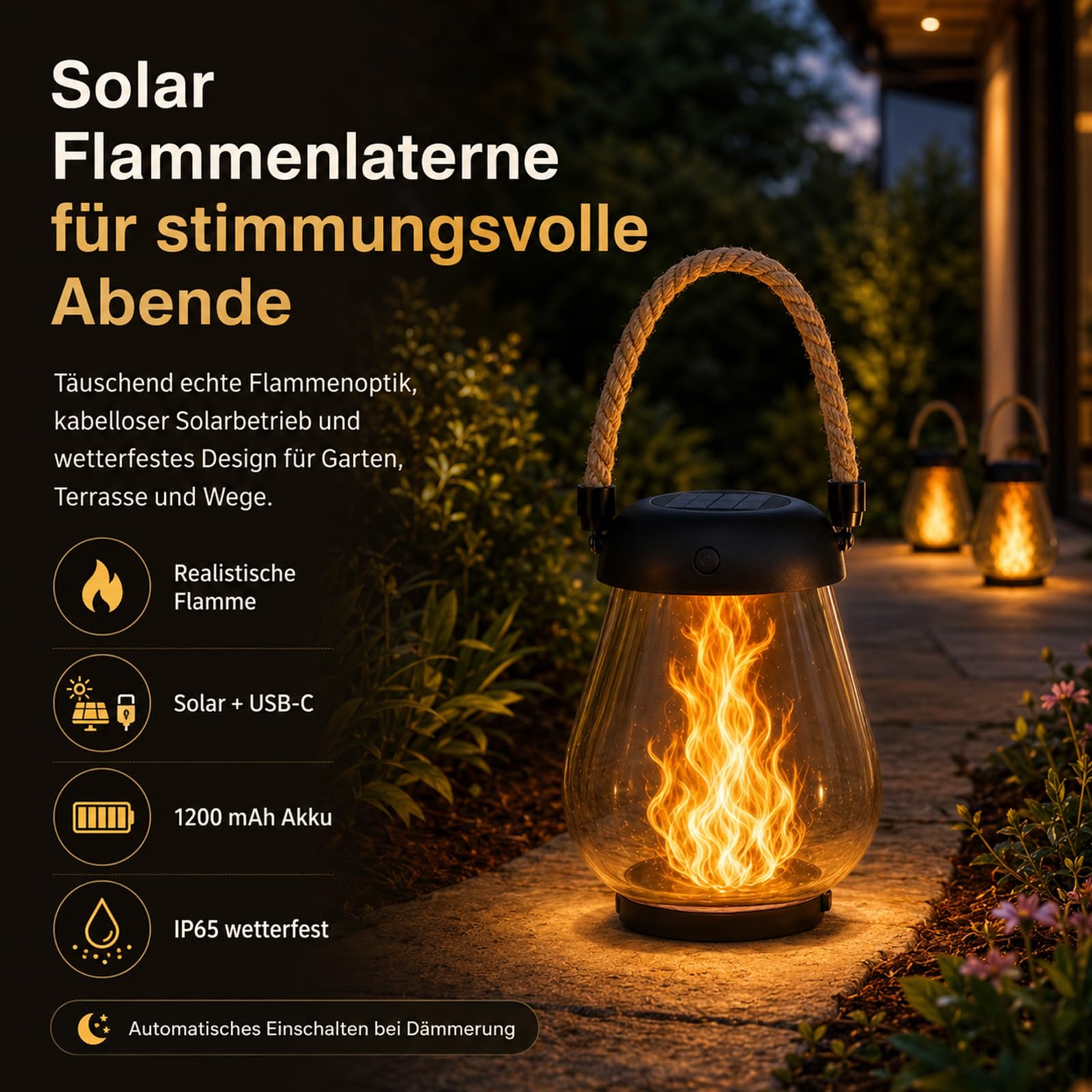 Klynero Solar-laterne Mit Flammeneffekt - 2er Set, IP65 Wetterfest