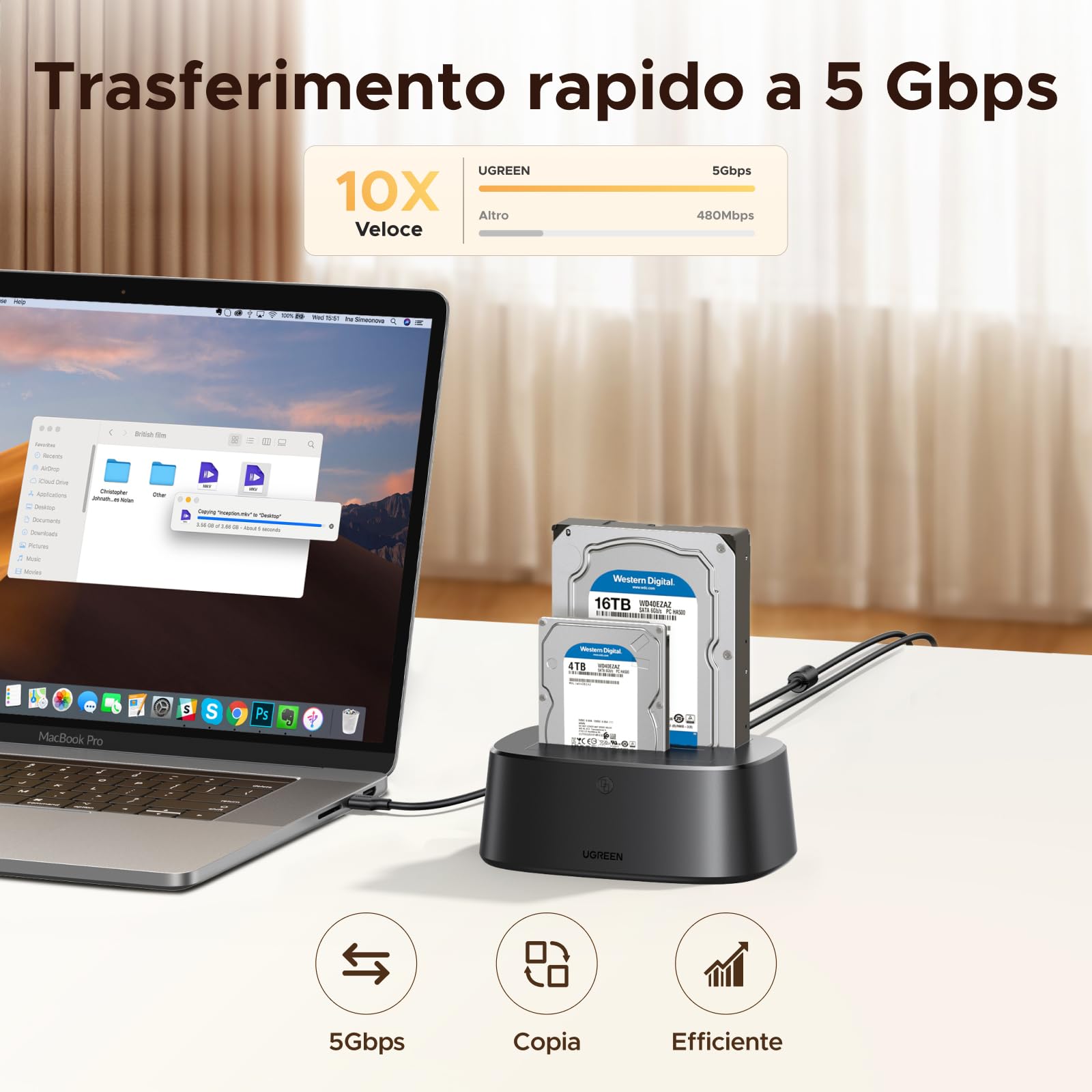UGREEN Stazione di Docking per Hard Disk, Stazione Docking USB 3.0 per HDD e SSD SATA da 2,5"/3,5", Adattatore Hard Disk Dual Bay 5Gbps con Clonazione Offline e Supporto UASP