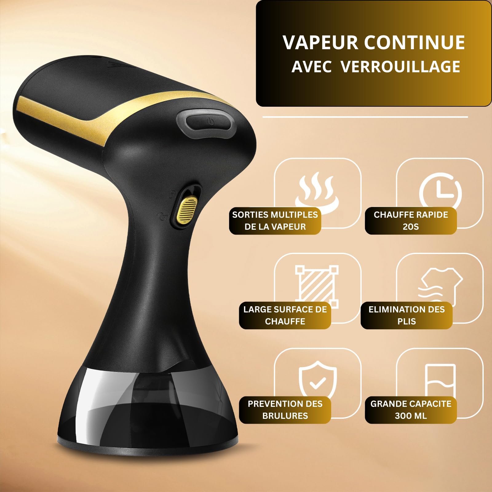 Défroisseur Vapeur Portable 1500W – Réservoir 300ml – Chauffe Rapide & Compact – Défroisseur à Main Puissant pour Vêtements, Chemises, Robes, Rideaux – Idéal Voyage et Maison – Noir & Doré