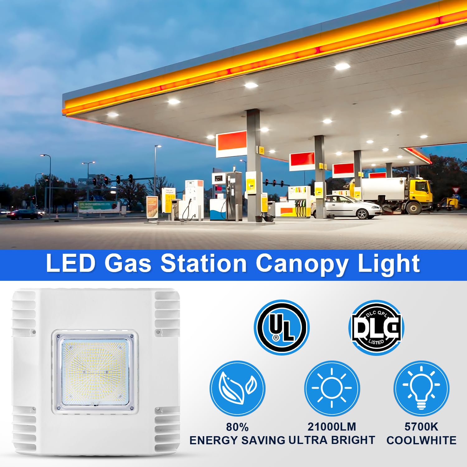 OSTEK 150W LED Canopy Light, 21,000LM 5700K Daylight, Recessed/Surface Mount Ceiling Fixture for Gas Station, Carport, Garage, Warehouse, IP65 Waterproof, UL DLC Listed, 120-277V, 5-Year Warranty