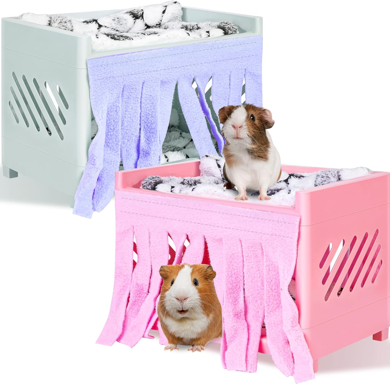Beeveer 2 Set Guinea Pig Bunk Bed with 4 Plush Mat 4 Blanket 4 Tassel Curtain