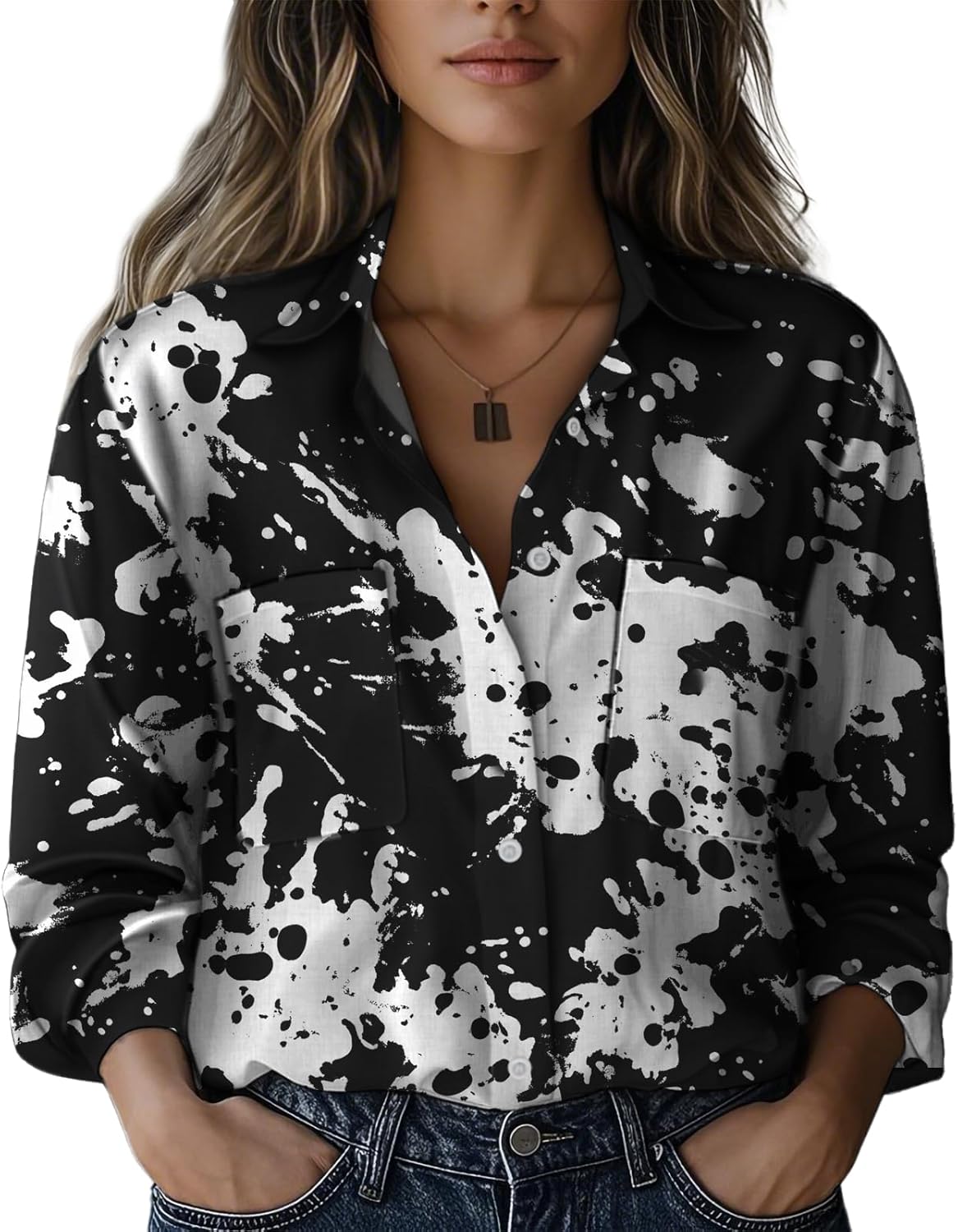 domirica Shirts for Women Trendy Hippie Minimalist Print Tunic Tops Long Sleeve V Neck Button Down Flowing Blouse