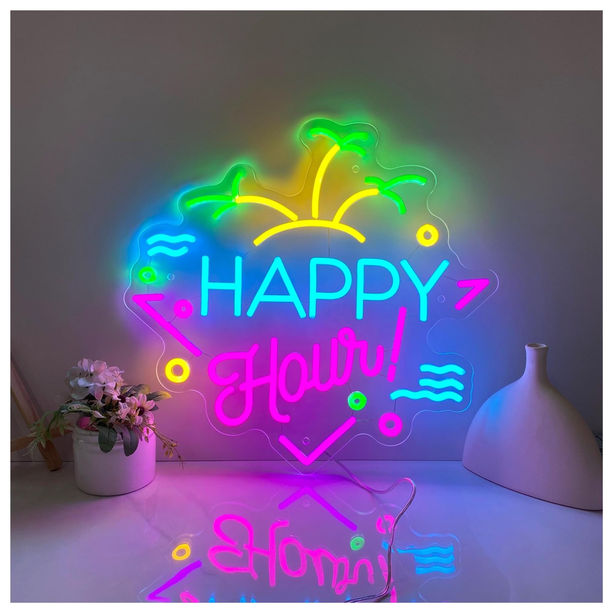 RONGCH Hanging Art Signs Happy Hour Neon Sign,Suitable for Beach House Wall Decor with Dimmable 48cmx50cm(A)