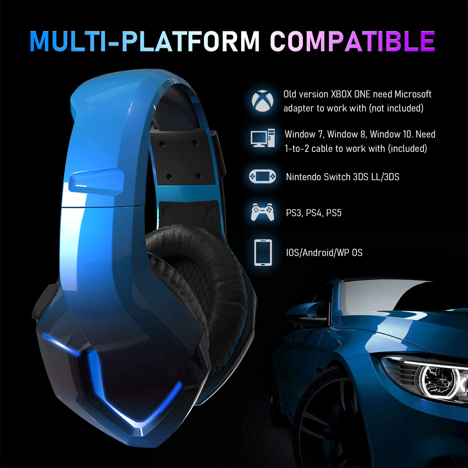NEEDONE Cuffie da gioco con microfono per PS4 Gamer Headset per PS5 Xbox One Switch PC Fortnite Game Mac Laptop K19 Cuffie da Gioco con 3.5mm Jack LED Controllo Volume e Bass Stereo-Blu
