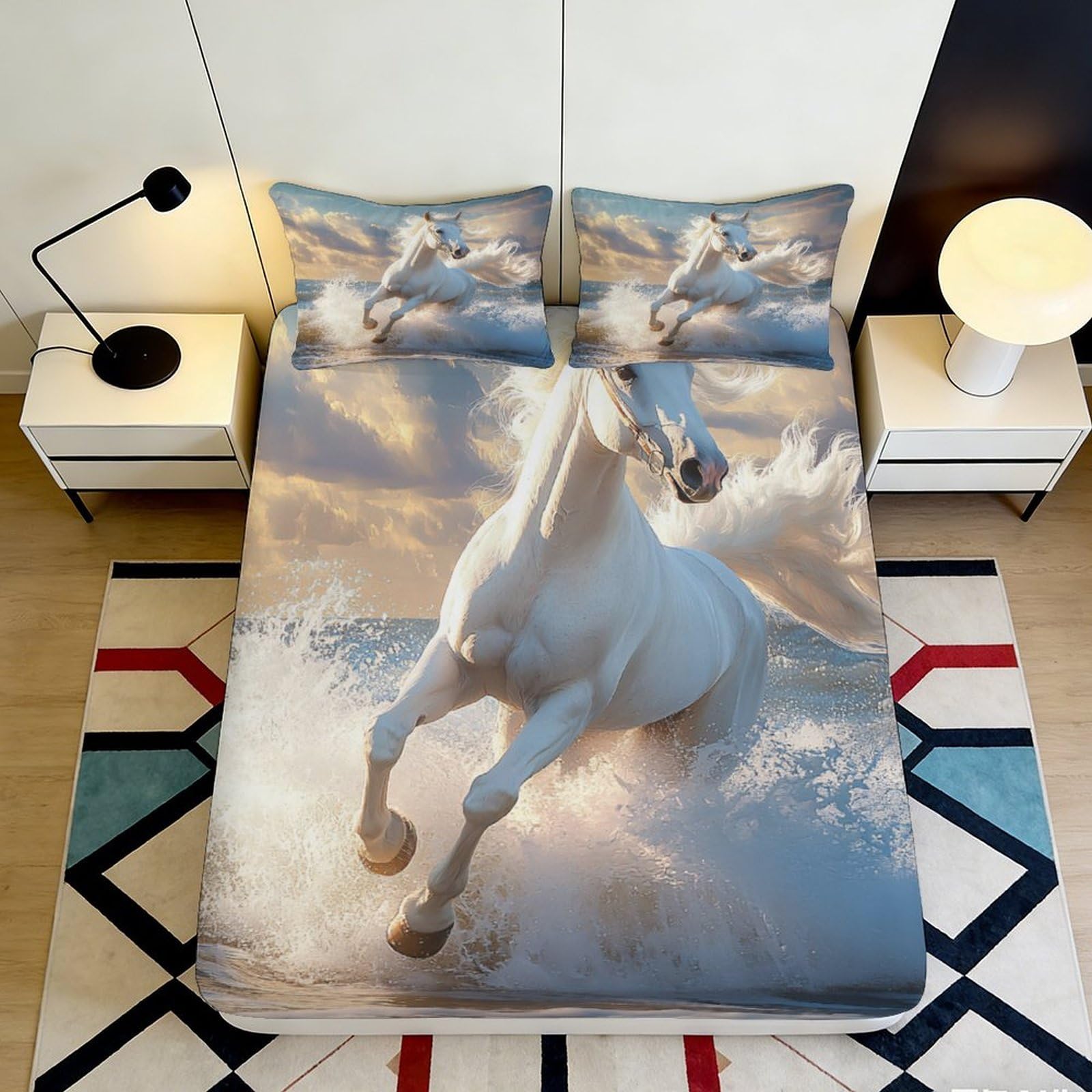 3D Printed White Galloping Horse Fitted Sheet Microfiber Soft Mattress Cover for Bedroom Guest Room Decor Gift 90x200x25cm