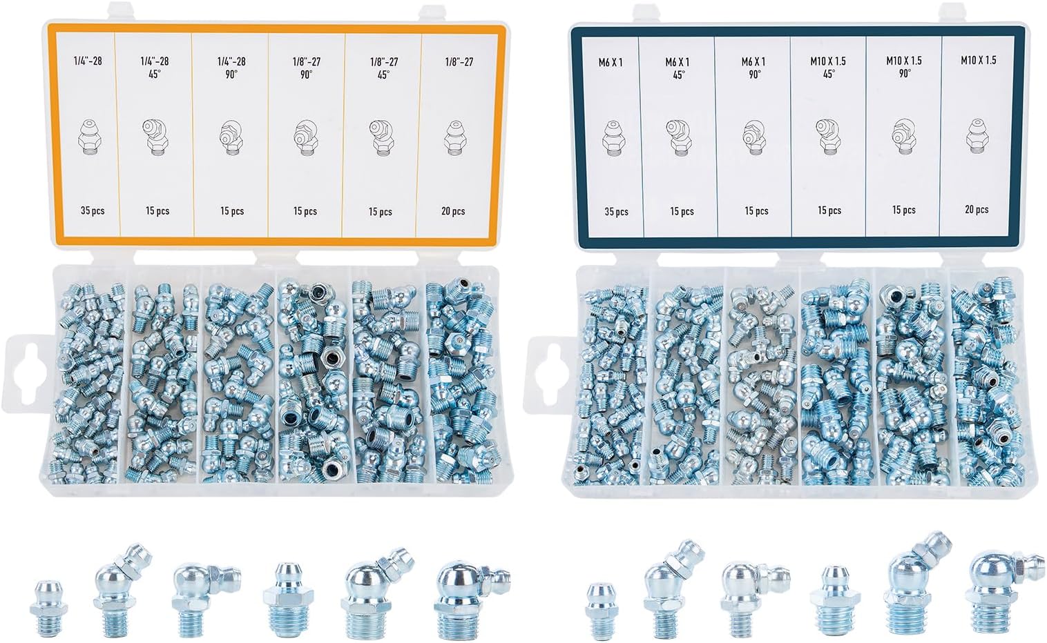 ZELCAN 230pc SAE & Metric Grease Fittings Kit, Hydraulic Grease Zerk Assortment: 1/4" 1/8" M6 M10 Straight 45 90 Degree Zerks, Galvanized Steel Set for Replacing Missing or Broken Zerk Grease Fittings