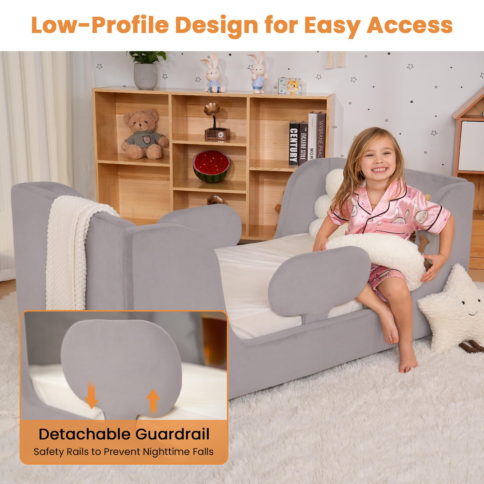 Lettino 70x140cm - Letto per bambini completamente rivestito in velluto, morbidissimo, letto a terra per ragazzi e ragazze (Grigio)