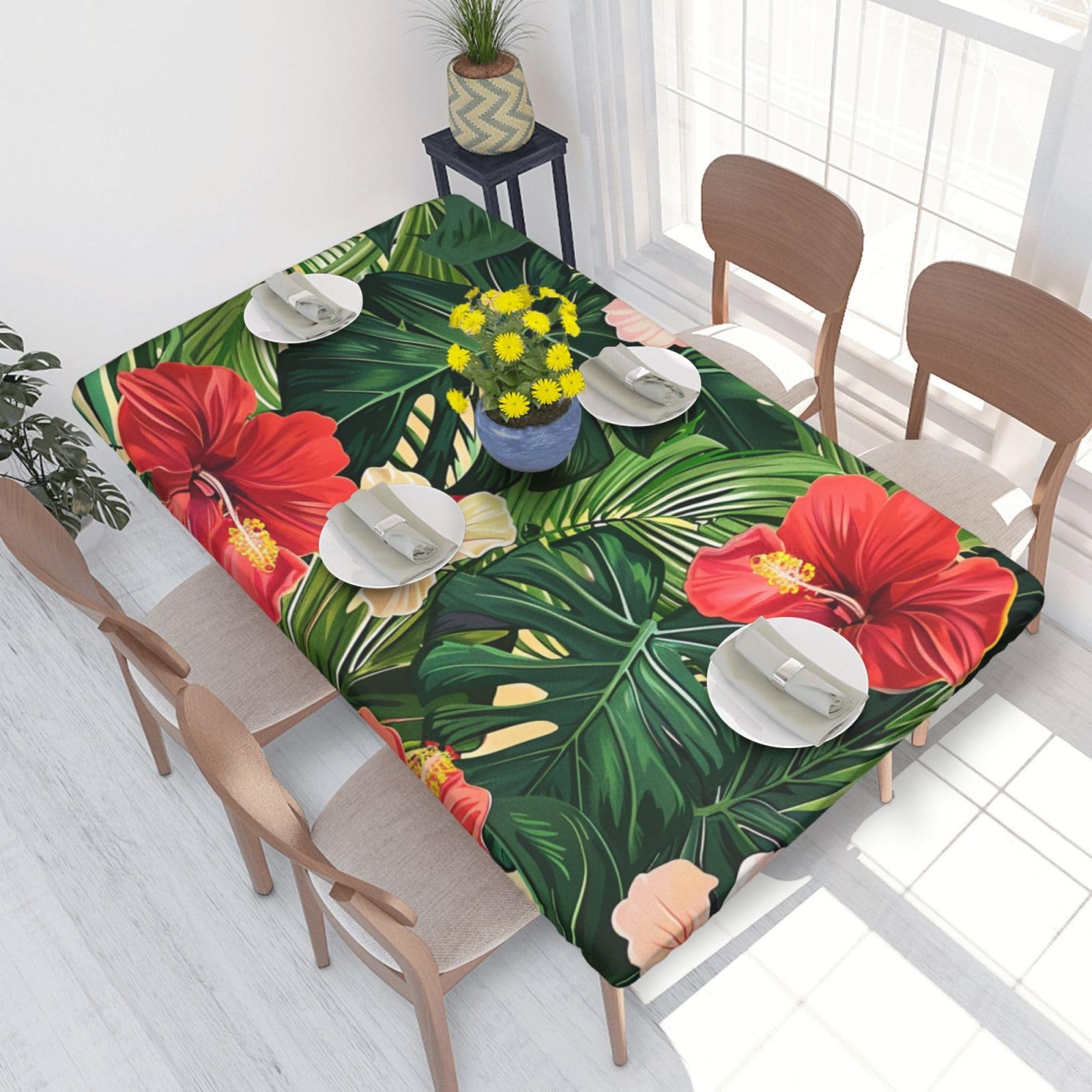 WPKJU Vegetation Leaves with Hibiscus Flowers Printed Tablecloths 4ft Rectangular Table Covers Washable Polyester Decorative Table Cloth for Dining Table Picnic Wedding