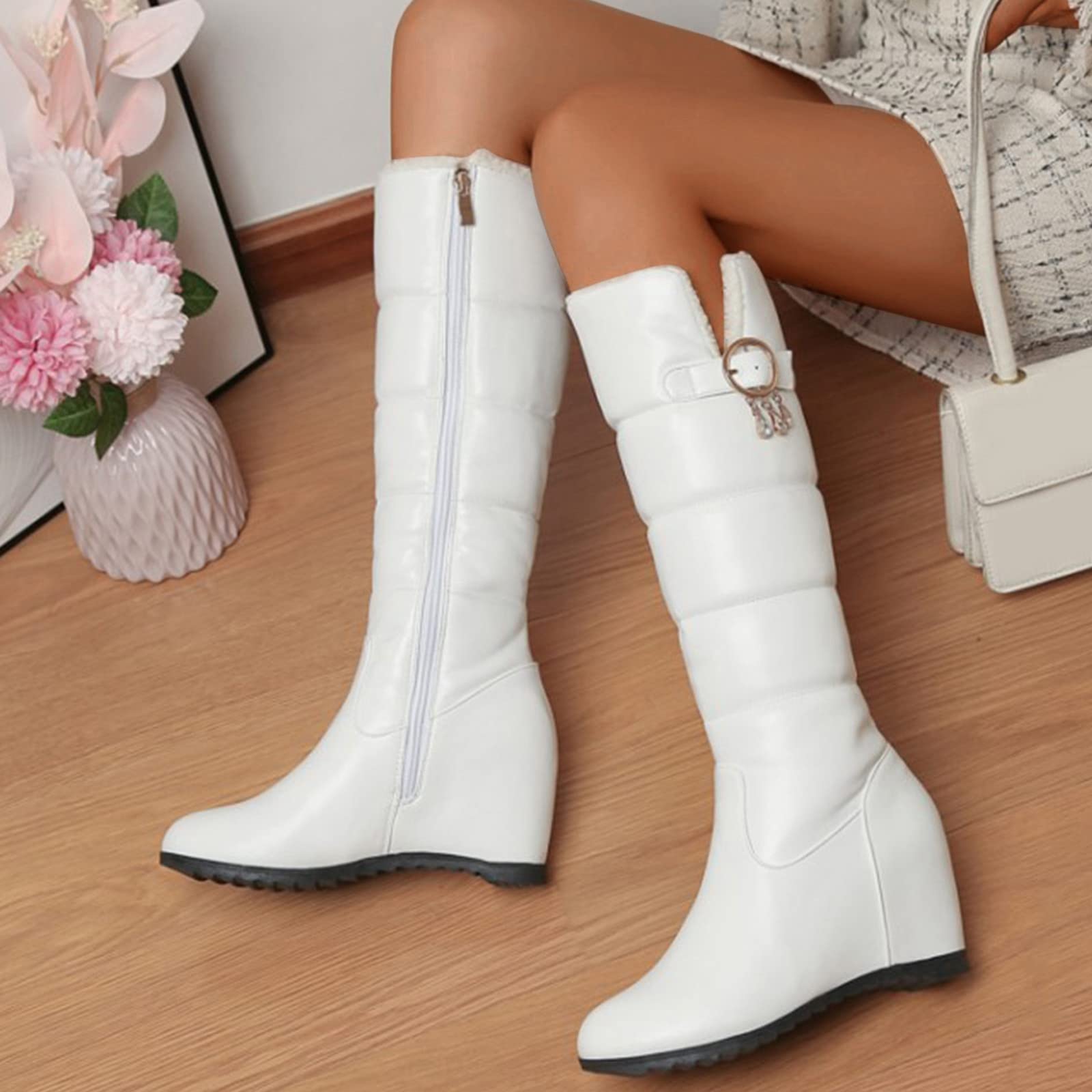 Stivaletti Invernali Donna 2026 Stivali Lunghi In Cotone con Fibbia Per Cintura Pelle Tinta Unita Moda Suola Spessa Zeppa Peluche Neve