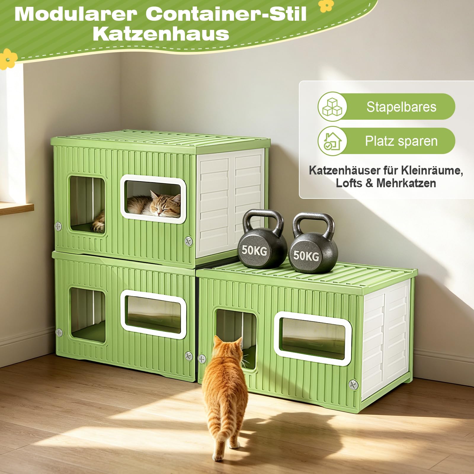 Katzenhaus Outdoor & Indoor Wetterfest – Stapelbare Katzenhöhle aus Kunststoff mit Acrylfenster, moderner Katzenunterstand für Balkon & Garten, für Katzen, kleine Hunde & Kleintiere (56×38,5×36,5 cm)